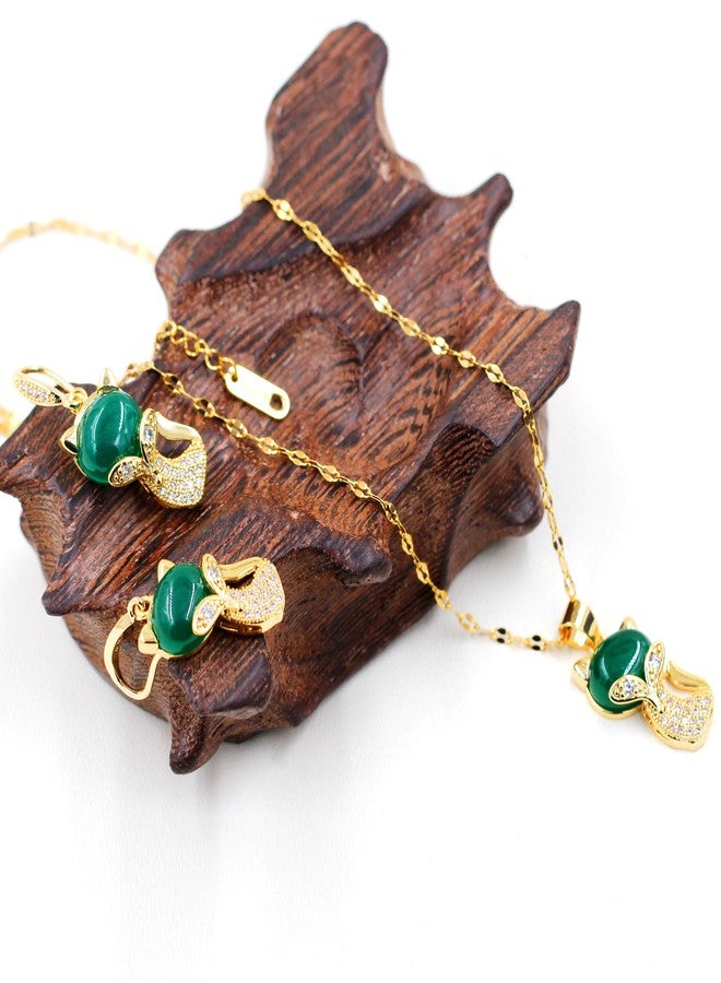 Tobestu Green Jade Fox Necklace and Earrings Set Gold Plated, Cute Fox Pendant Lovely Animal Jewelry Valentines Gifts for Women Y4447 (Simulated Jade) - Image 3